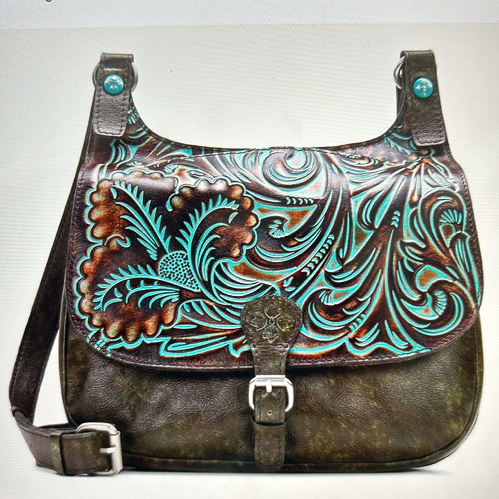 Patricia Nash Brown and Turquoise Embossed Leather Bag